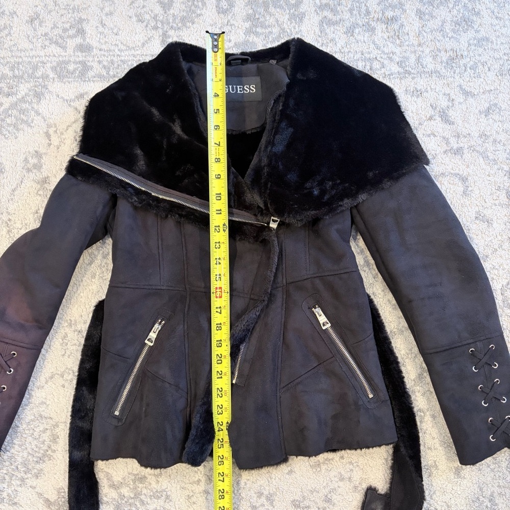 GUESS Faux Fur Belted Moto Jacket Black Y2K Glam Gothic Lace Mobwife M Upcycle - Picture 10 of 15